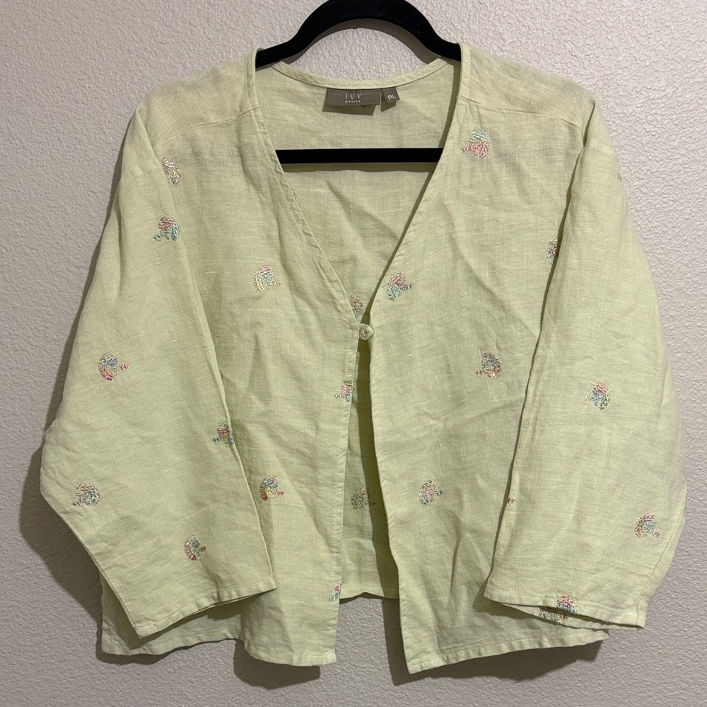 I•V•Y Petite Lightweight Breezy Green Embroidered Linen Cardigan Spring Summer